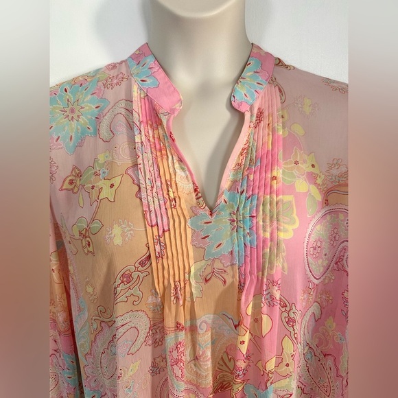 Susan Graver Tunic Blouse Women Pink Sheer Paisley Chiffon Peasant 1X #1688 - Picture 7 of 9